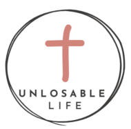 hand drawn circle surrounding a coral colored cross with the words Unlosable Life